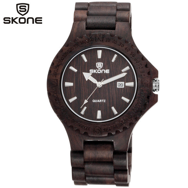 SKONE Men's Wood Watch Men Auto Date Quartz Maple Wooden Watch Fashion Casual Watches Ebony Wristwatches Montre Homme