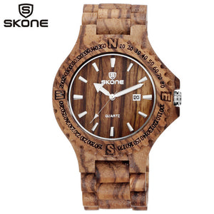 SKONE Men's Wood Watch Men Auto Date Quartz Maple Wooden Watch Fashion Casual Watches Ebony Wristwatches Montre Homme