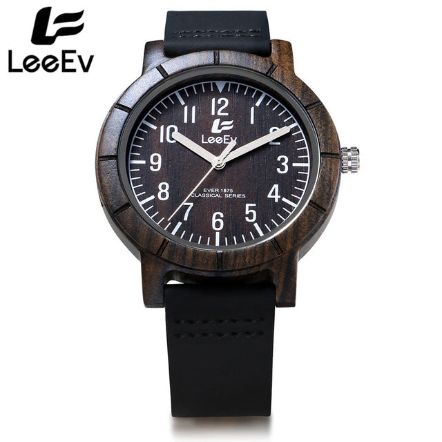 LeeEv Black Ebony Wooden Case Watches Quartz Watch Men Wristwatch Analog Nature Wood Fashion Soft Leather Wristwatches EV1875