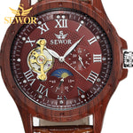 SEWOR 2018 New Fashion Design Multicolor Imitation Wood Metal Moon Phase Free Wheel Men's Automatic Mechanical Watch