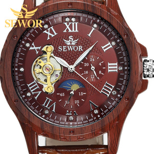 SEWOR 2018 New Fashion Design Multicolor Imitation Wood Metal Moon Phase Free Wheel Men's Automatic Mechanical Watch