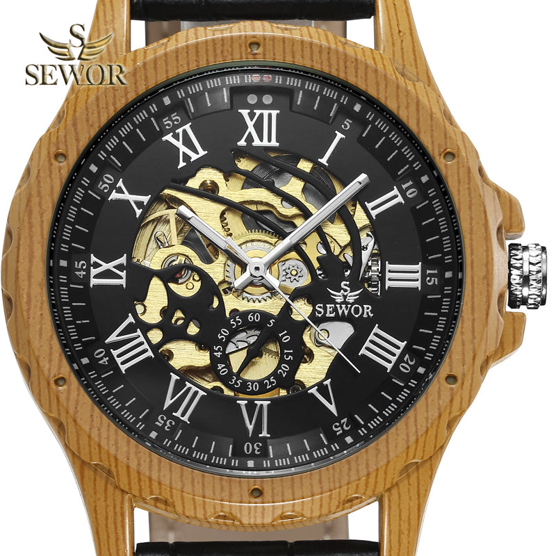 SEWOR 2018 Newest Imitation wood metal Dual digital display of men's automatic mechanical watch C338