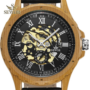 SEWOR 2018 Newest Imitation wood metal Dual digital display of men's automatic mechanical watch C338